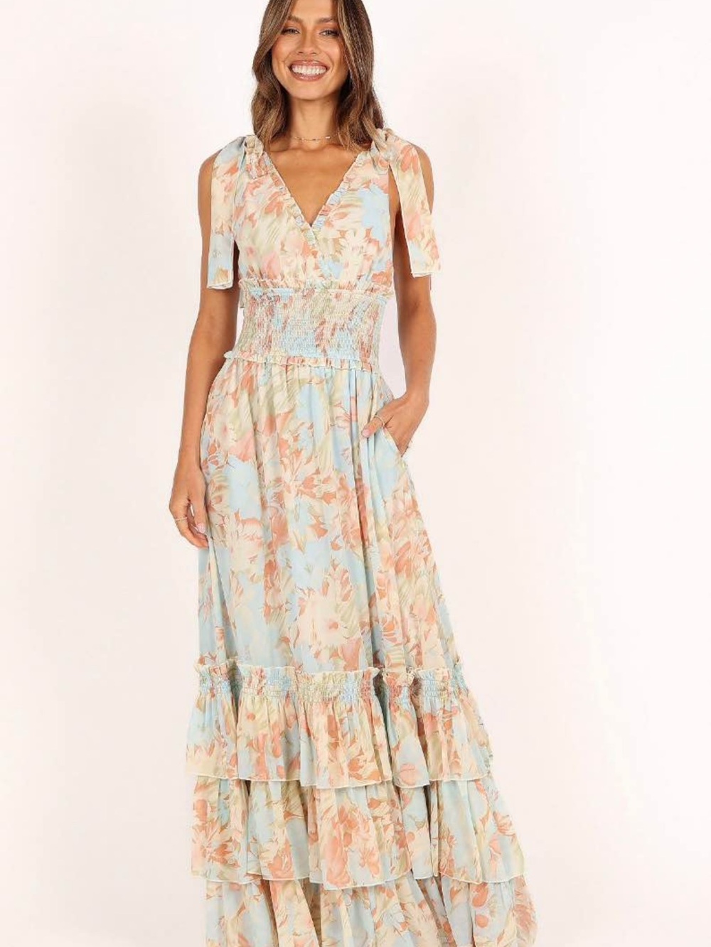 Petal & Pup Pastel Blue and Peach Floral Tiered Maxi Dress